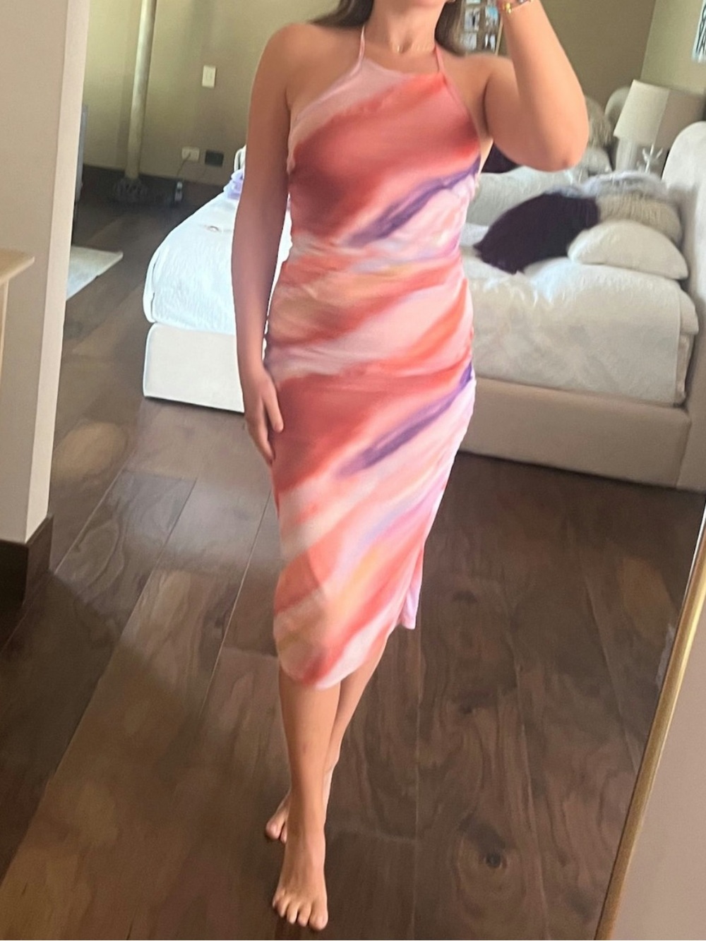 Caution To The Wind Halter Midi Dress in Coral and Purple Swirl